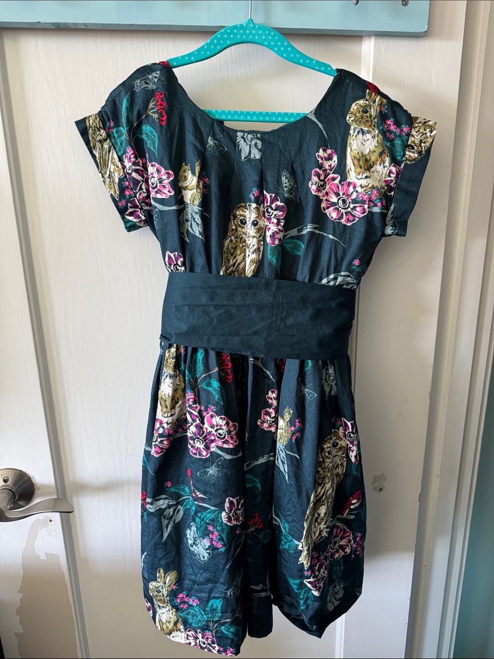Tea Collection Forest Green Floral & Woodland Print Holiday Dress with Sash